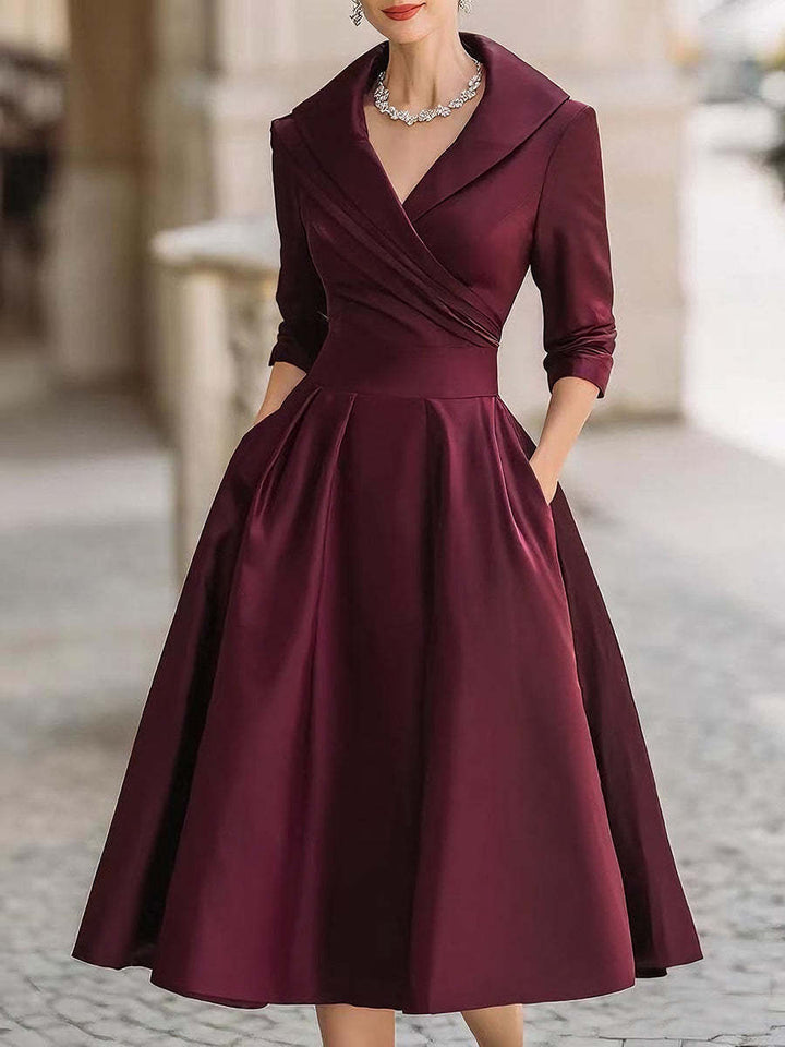 Damen Elegantes Satin-Midikleid mit Wickeloberteil, mittellangen Ärmeln und Eingrifftaschen Drune