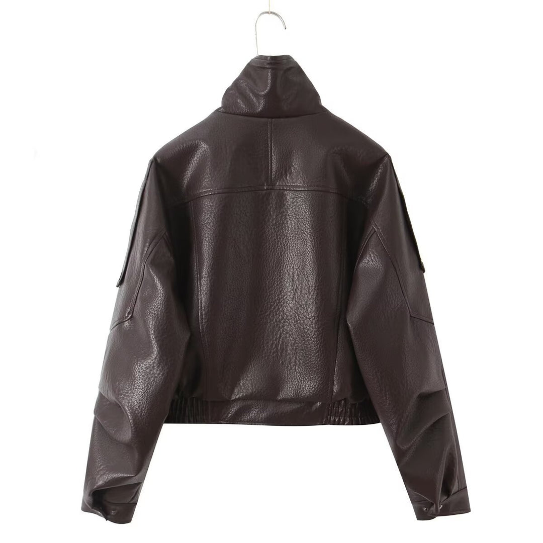 Damen Cropped Bikerblouson aus veganer Lederoptik mit asymmetrischer Frontpatte und Taillenbund Drune