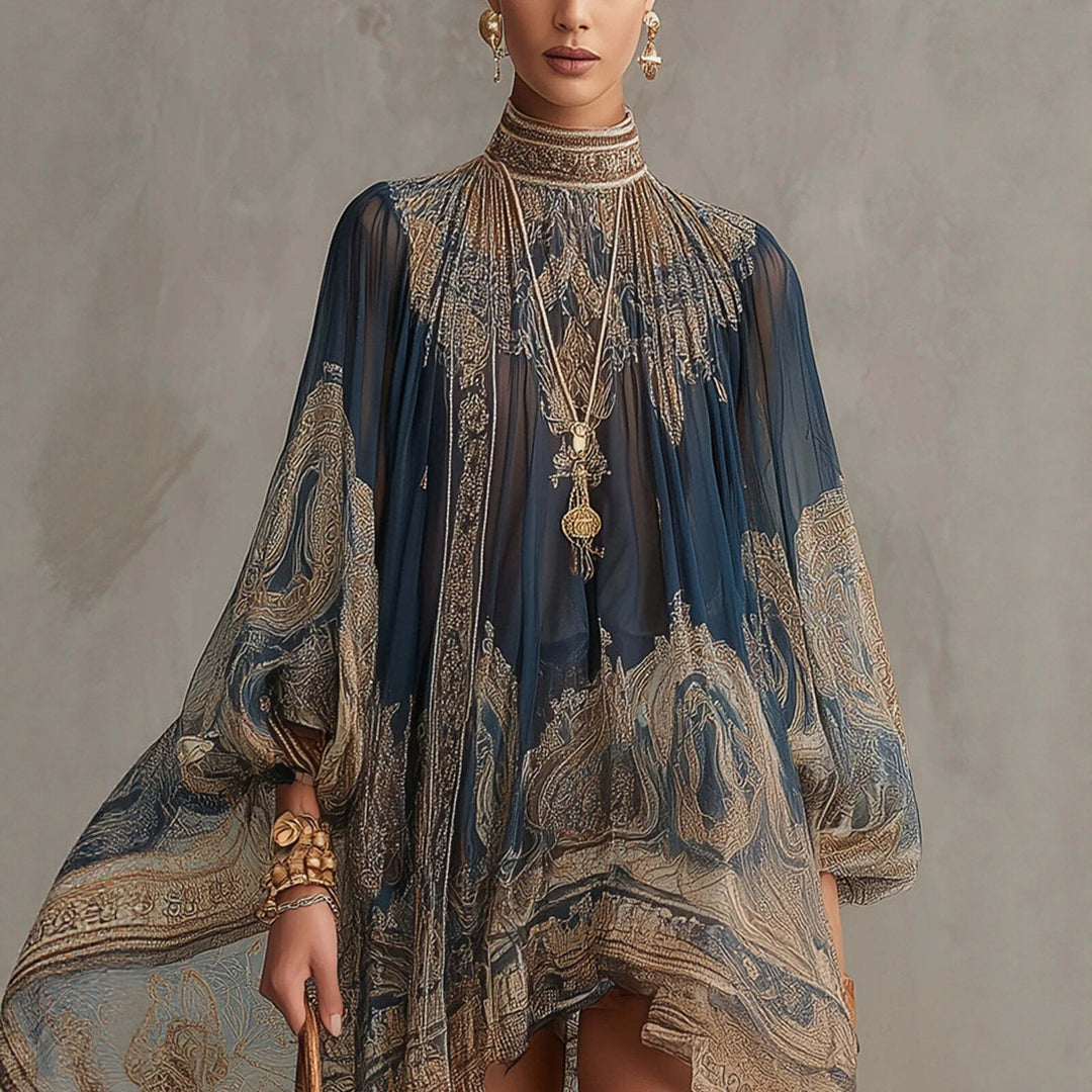 Damen Ätherisches Chiffon Tunika Kleid mit Hohem Stehkragen und Ballonärmeln Drune