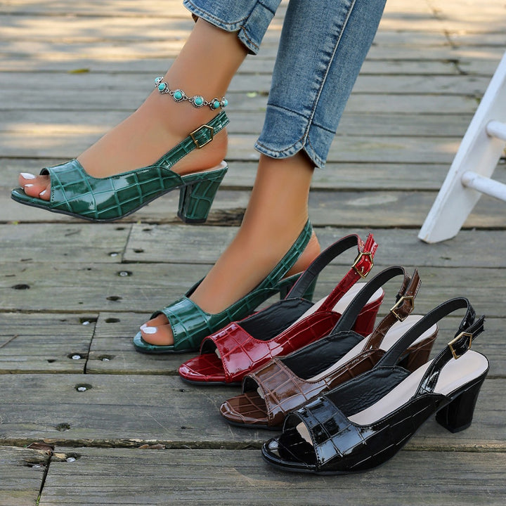 Damen elegante Peeptoe-Slingback Sandalen mit mittelhohem Blockabsatz Kroko-Lackleder-Optik Drune