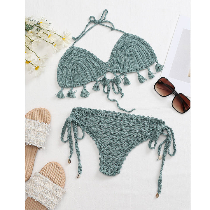Damen Häkel-Bikini-Set mit verspielten Fransen und verstellbaren Bindebändern Drune