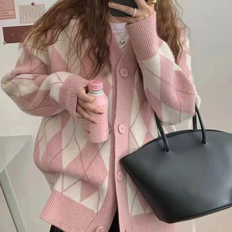 Damen Strickjacke mit Rauten-Design und knöpfen Drune