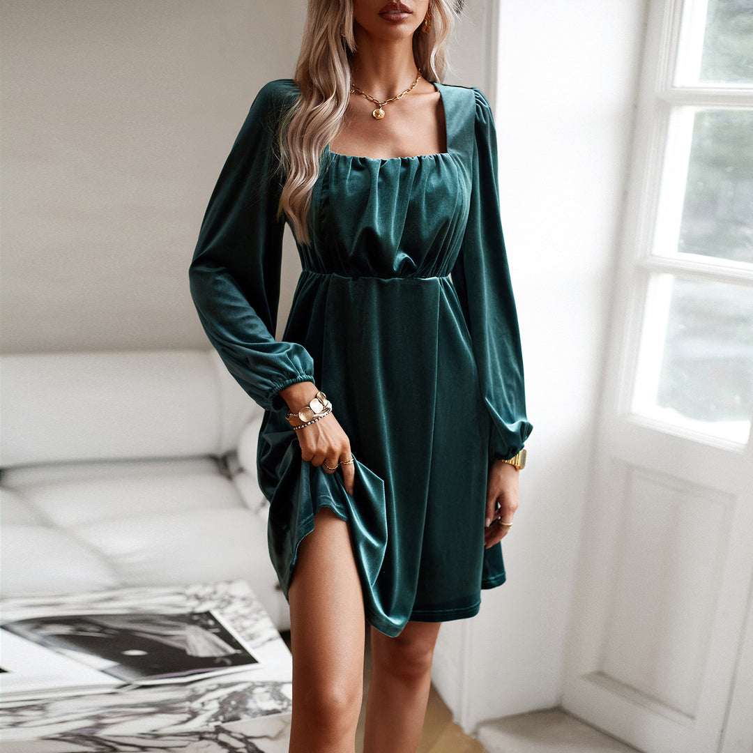 Damen nan Samt-Kurzkleid mit quadratischem Ausschnitt, Empire-Taille und Ballonärmeln Drune