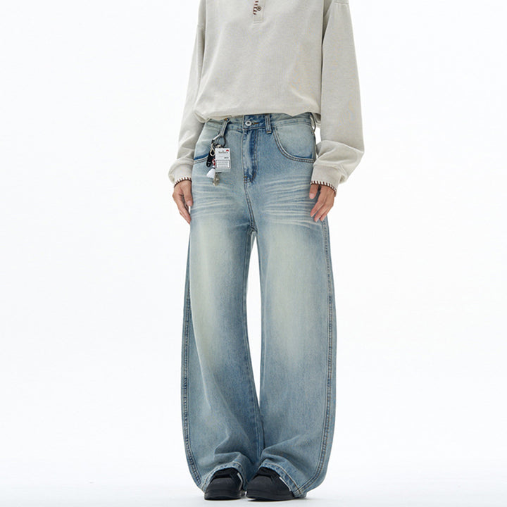 Damen extraweite hochgeschnittene Baggy-Jeans mit tiefem Schritt und Vintage‑Waschung Drune