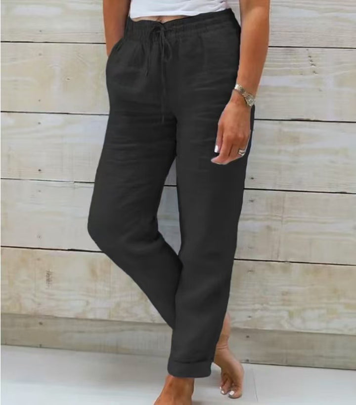 Damen nan lässige Leinenhose mit elastischem Bund Kordelzug und Seitentaschen Drune