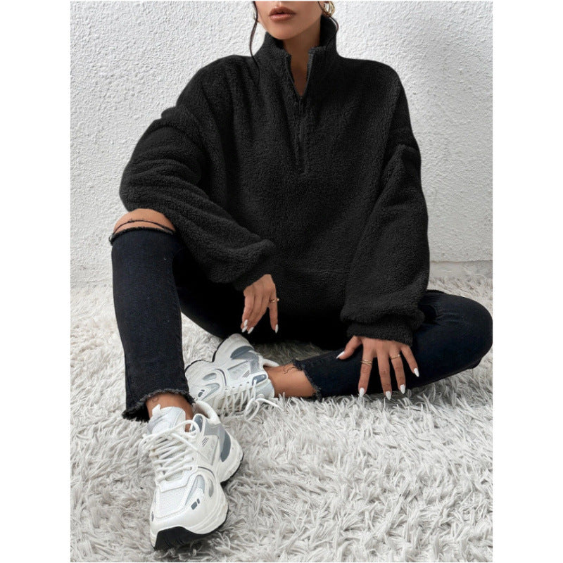 Damen Flauschiger Teddy-Pullover mit halbem Reißverschluss und Kängurutasche Drune