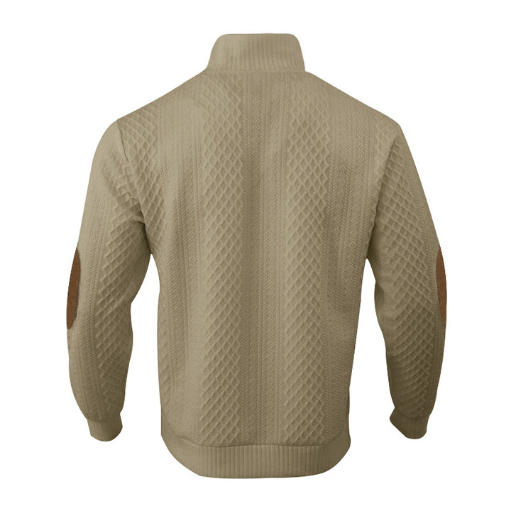Herren nan Grobgestrickter Pullover mit Ellbogenpatches, Stehkragen und Knopfleiste Drune