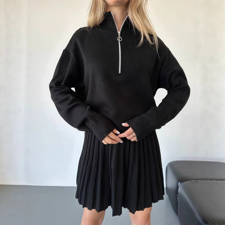 Damen gemütliches Strick-Set mit Reißverschluss-Pullover und plissiertem Rock Drune
