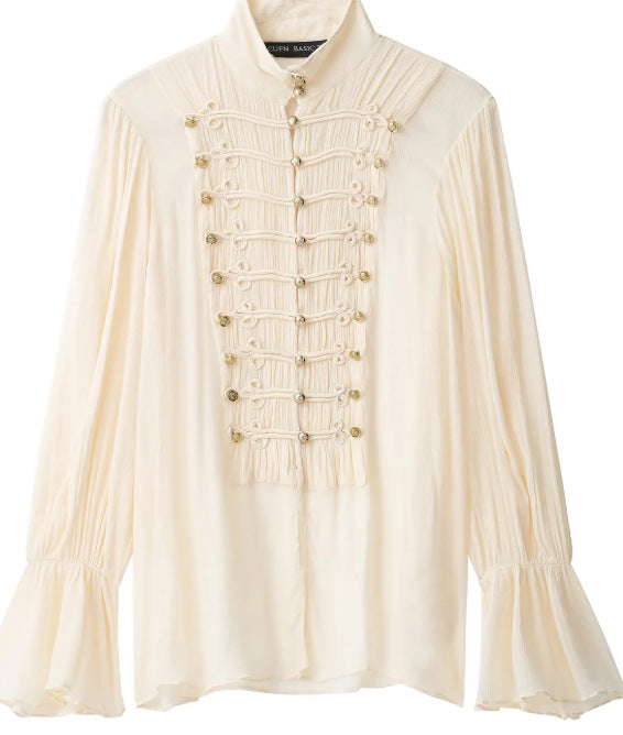 Damen Bluse im Military‑Plastron‑Look mit Stehkragen und Plisséeärmeln Drune
