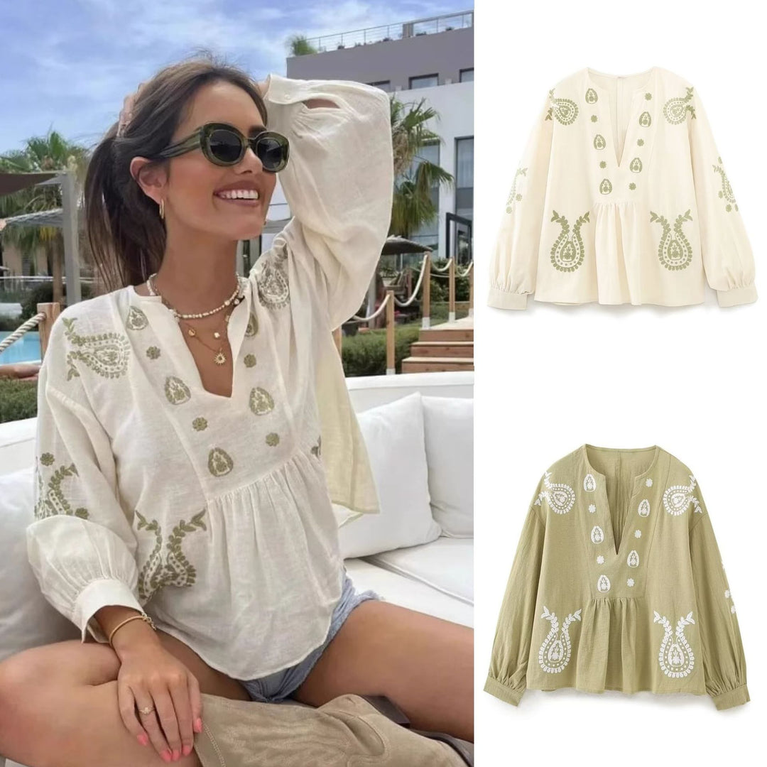 Damen nan bestickte Tunika-Bluse mit Paisley-Stickereien, V-Ausschnitt und voluminösen Ballonärmeln Drune