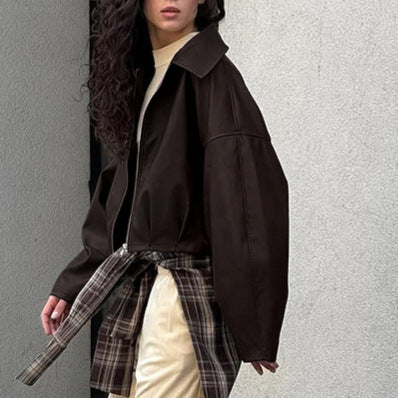 Damen modische cropped Lederjacke mit voluminösen Ärmeln Drune
