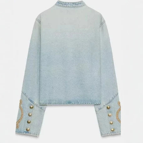 Damen Cropped-Jeansjacke im Military‑Stil mit dekorativer Kordelapplikation Drune