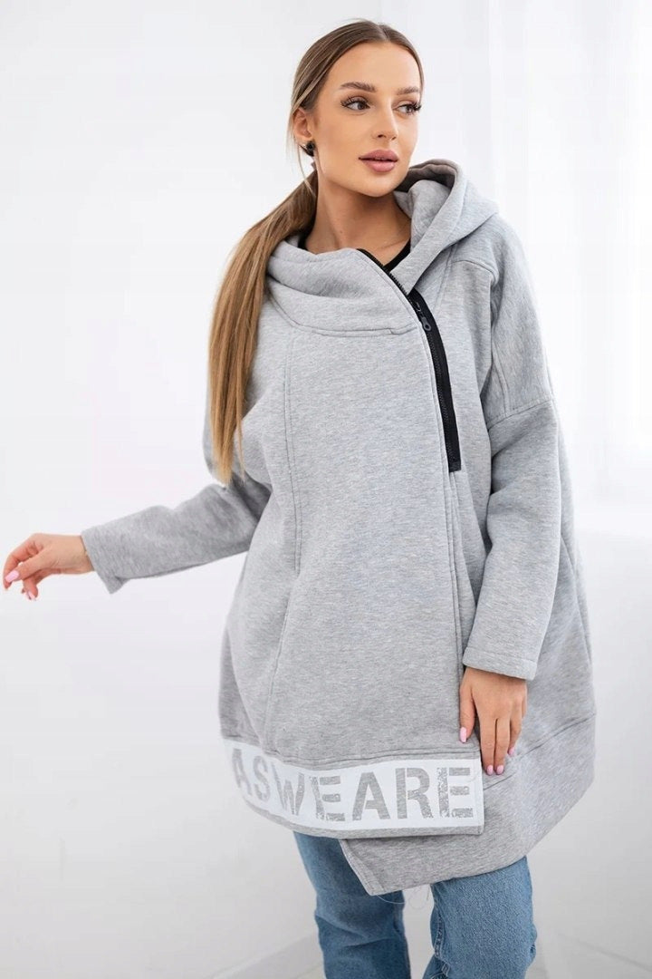 Drune | Reißverschluss Bedrucktes Logo Lockere mittellange Kapuzenfleecejacke