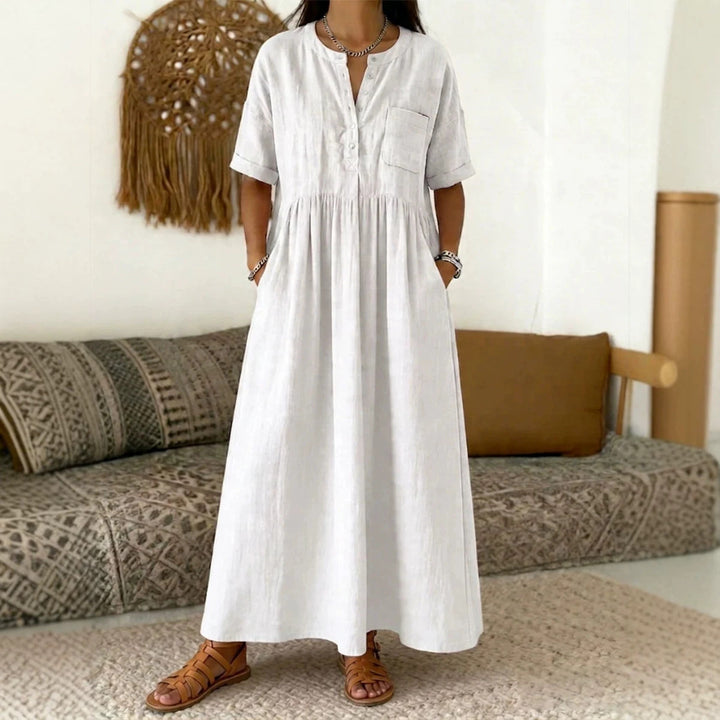 Damen Langes Boho‑Maxikleid mit Henley‑Knopfleiste, Brusttasche und seitlichen Eingrifftaschen Drune