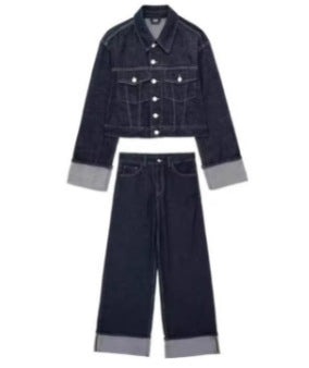 Damen 1700+ Cropped Jeansjacke mit überlangen Umschlagmanschetten und kastiger Silhouette Drune