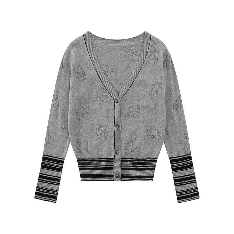 Damen Strickjacke mit V‑Ausschnitt, feinem Jacquardmuster und kontrastierenden Bündchen Drune