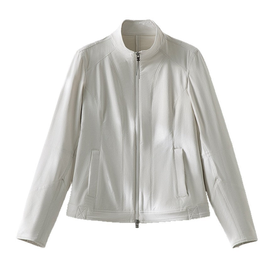 Damen schlichte taillierte Lederjacke mit Stehkragen und Zwei-Wege-Reißverschluss Drune