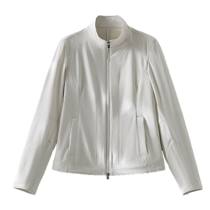 Damen schlichte taillierte Lederjacke mit Stehkragen und Zwei-Wege-Reißverschluss Drune