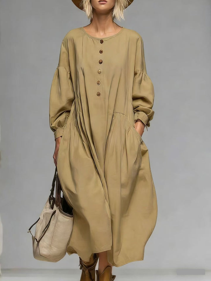 Damen Lässiges Midi-Kleid mit Knopfleiste, Ballonärmeln und Eingrifftaschen Drune