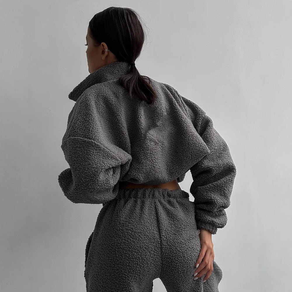 Damen Teddy-Fleece-Loungewear Set mit halbem Reißverschluss elastischem Tunnelzugbund und weitem Bein Drune