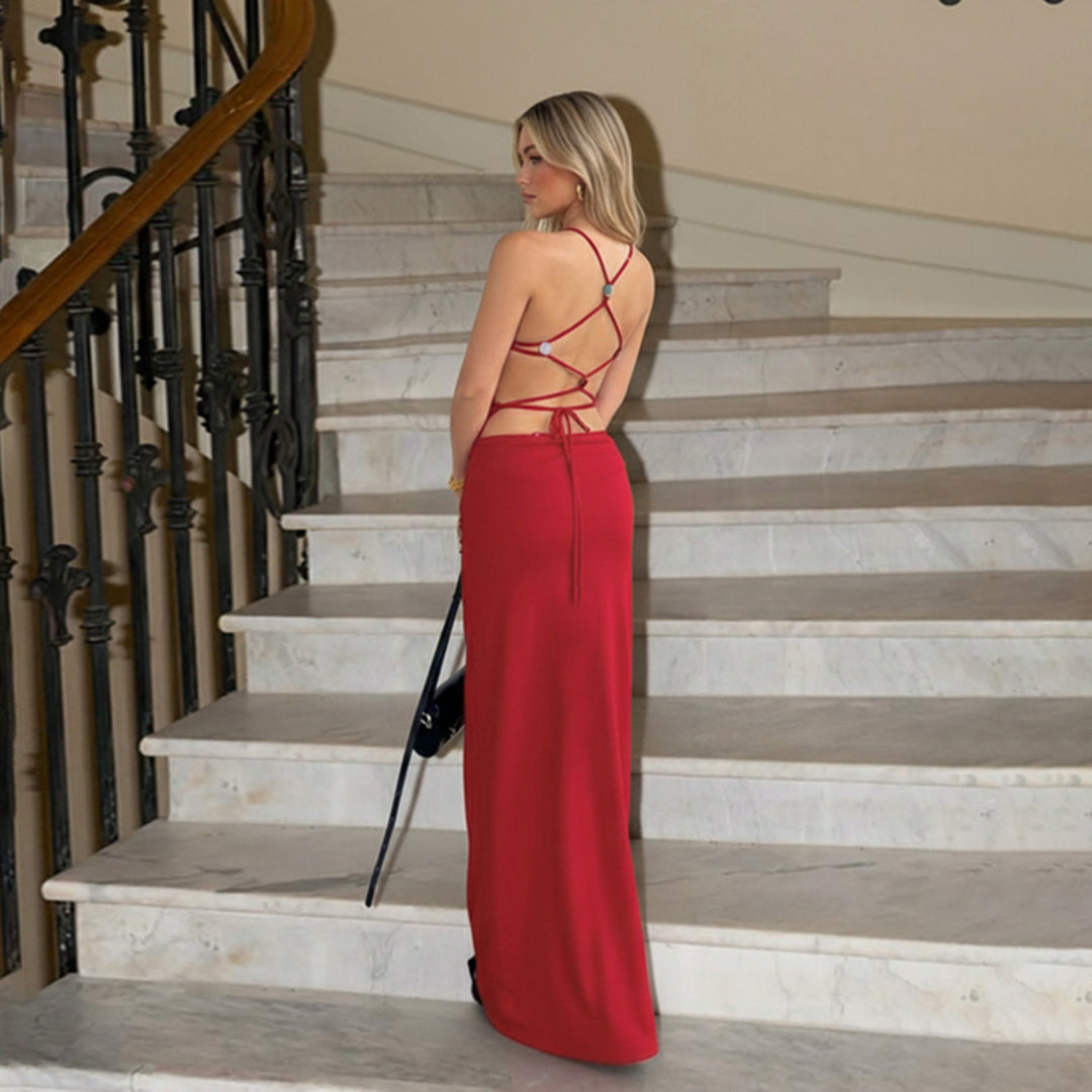 Damen elegantes Maxikleid mit raffinierten Rüschendetails und verstellbaren Trägern Drune