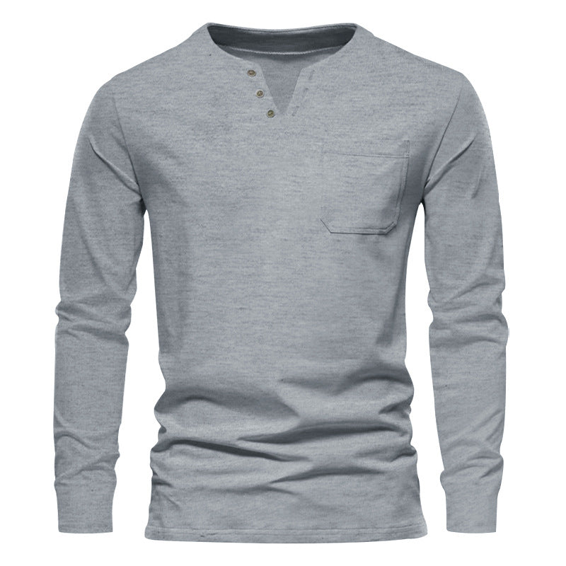 Herren nan modernes Henley-Langarmshirt mit asymmetrischer Knopfleiste und Brusttasche Drune
