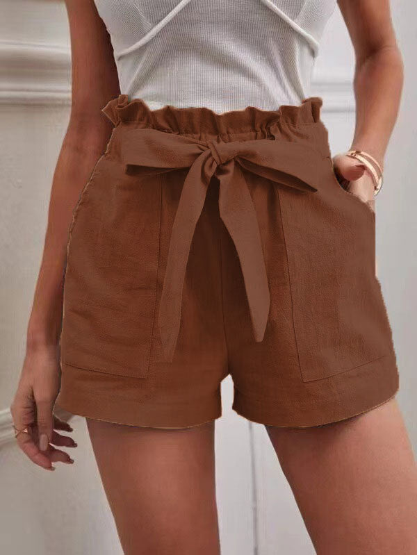 Damen Leichte Shorts mit dekorativem Bindegürtel und elastischem Bund Drune