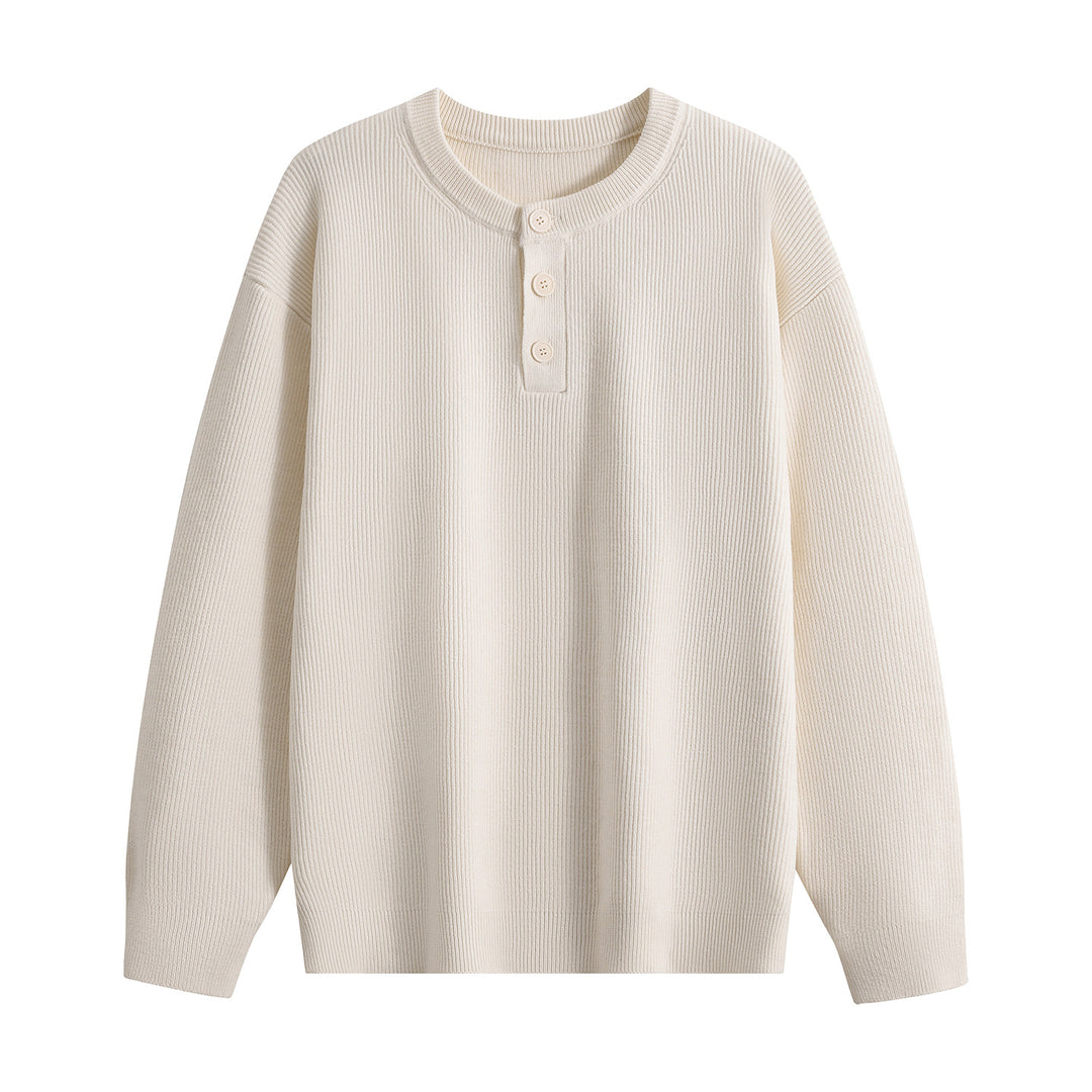 Unisex Oversize Rippstrick-Henley-Pullover mit 3‑Knopf-Leiste Drune