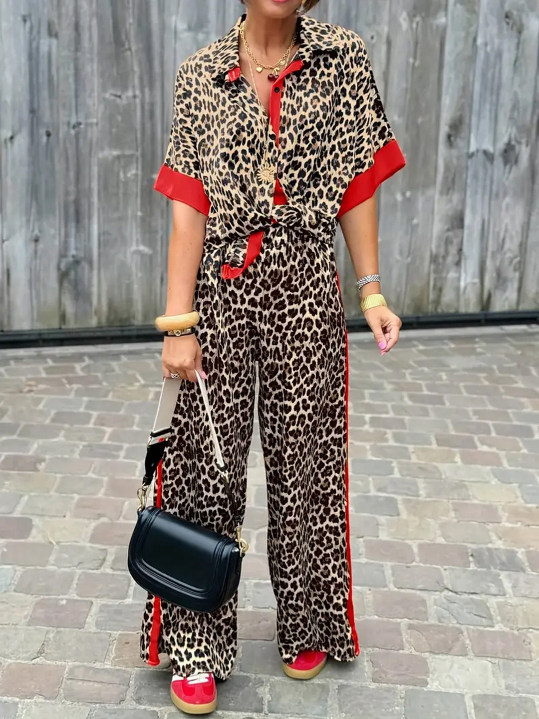 Damen elegante und bequeme Leinen-Jumpsuit mit Leopardenmuster und Kontraststreifen Drune