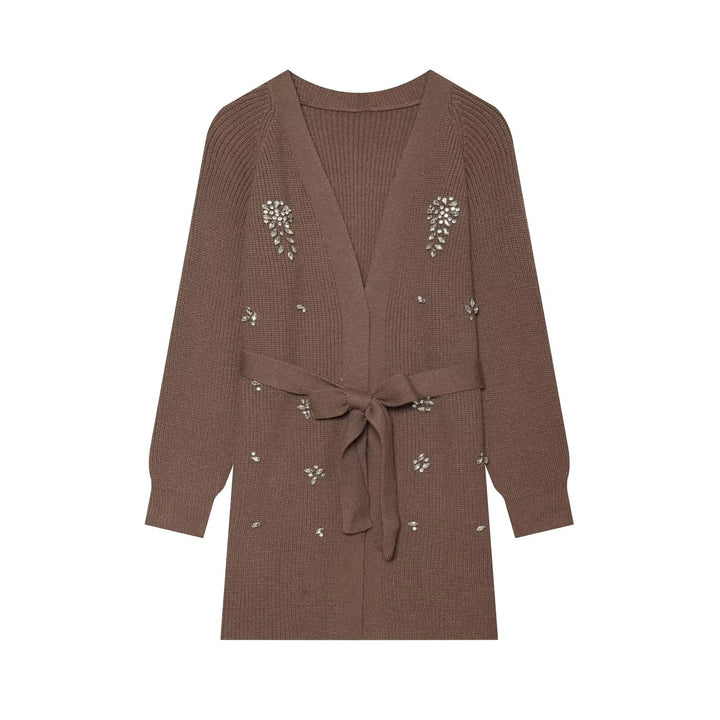 Damen Longcardigan mit Bindegürtel und Schmuckstein‑Applikation Drune