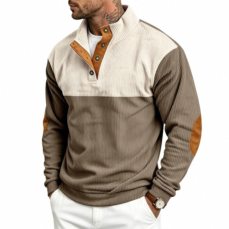 Herren Strukturiertes Ripp-Henley-Halbzip mit Stehkragen und Ellenbogen-Patches Drune