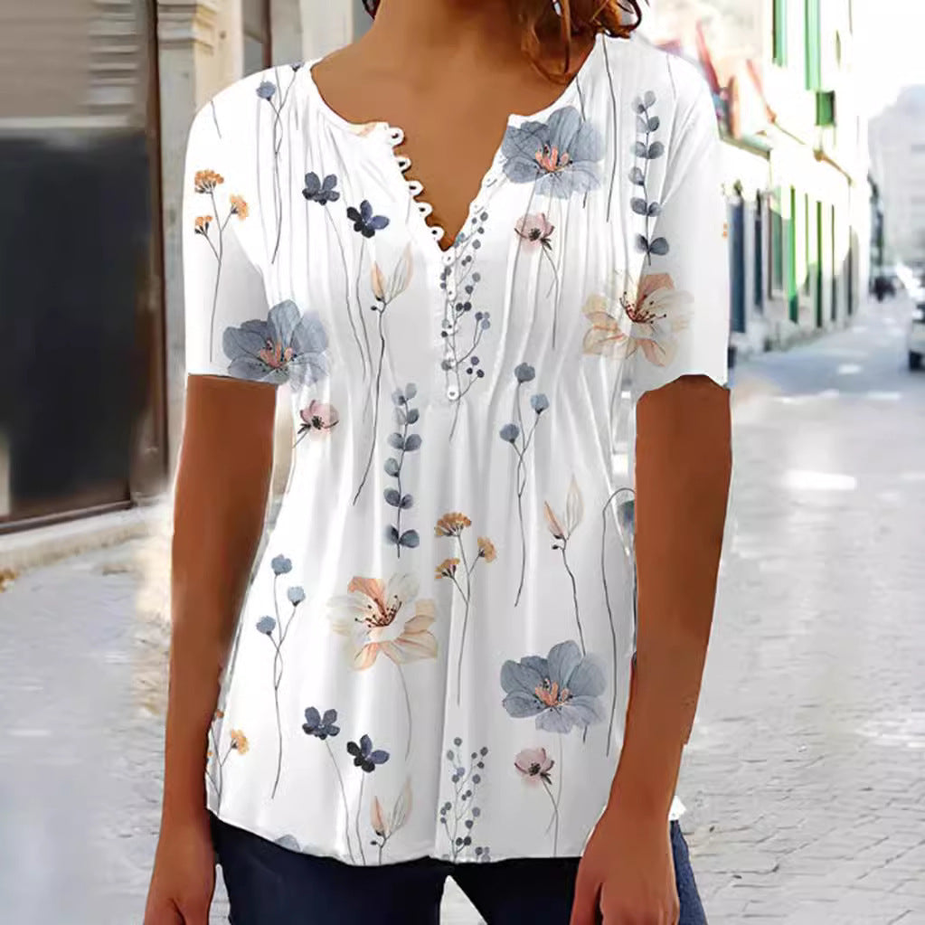 Damen nan leichte Viskose-Tunika mit Ziersteckfalten, halber Knopfleiste und Aquarellblumenprint Drune