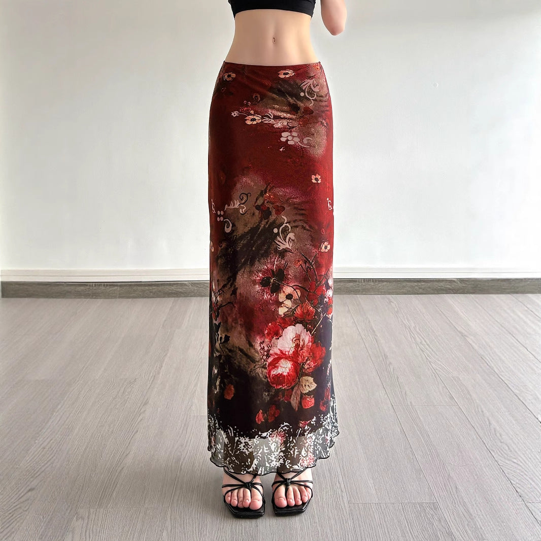 Damen Langes Satin-Chiffon Maxirock mit floralem Aquarellprint Drune
