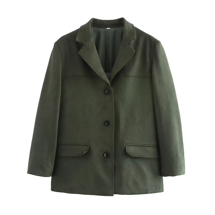 Damen nan kurzer Veloursleder Mantelblazer mit Reverskragen und aufgesetzten Pattentaschen Drune