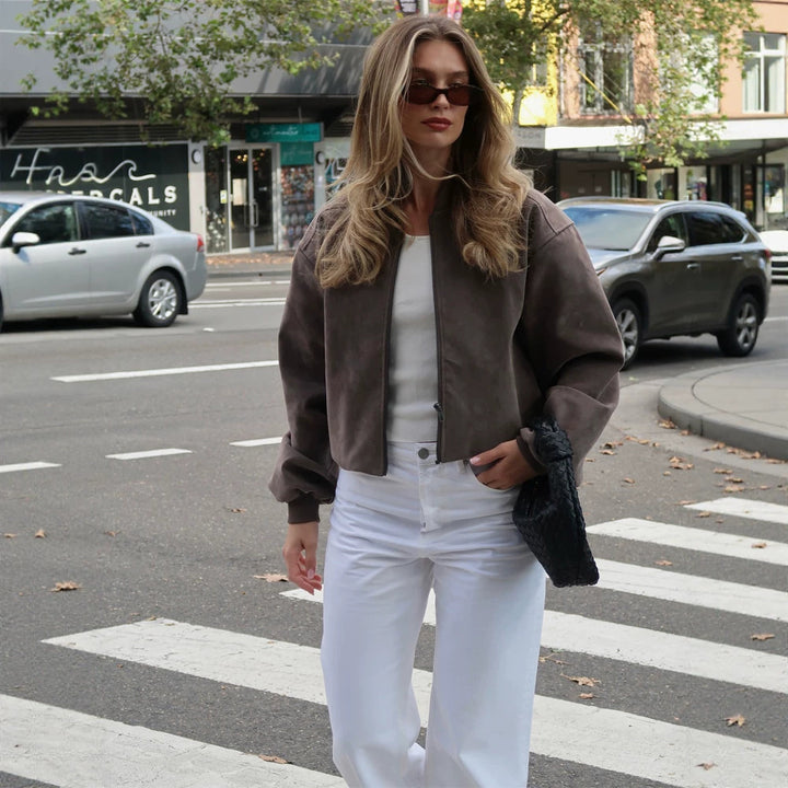Damen Kurze Boxy-Suede-Bomberjacke mit Stehkragen und gerippten Bündchen Drune