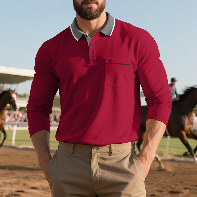 Herren nan langärmeliges Polohemd mit Kontrastkragen, Brusttasche und feinem Baumwollstretch Drune