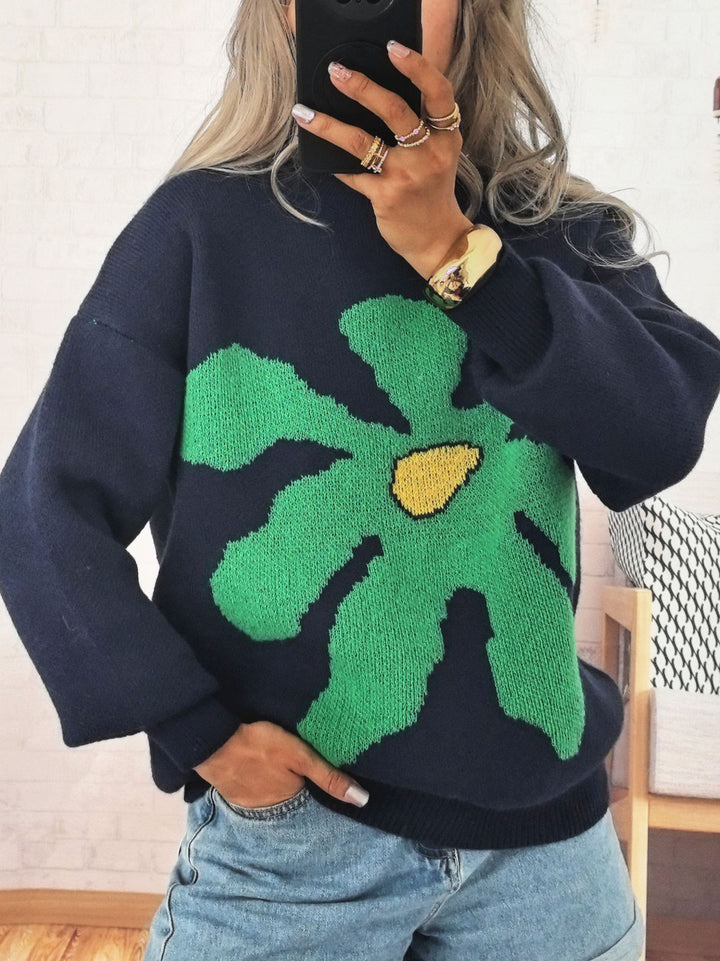 Damen lässiger Strickpullover mit buntem Blumenmotiv und überschnittenen Schultern Drune