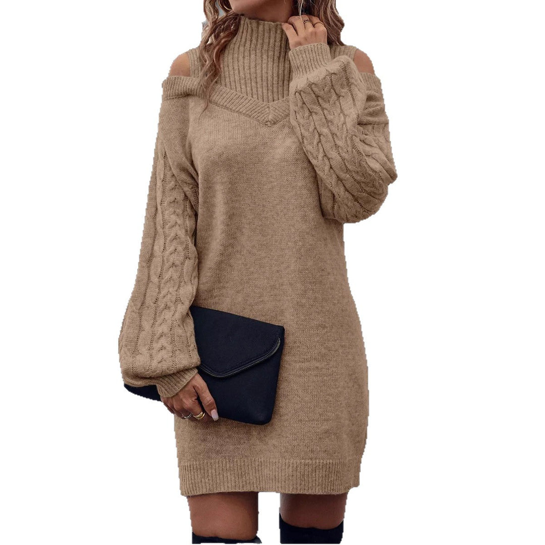 Damen Strickkleid mit hochgeschlossenem Kragen und offener Schulterpartie Drune