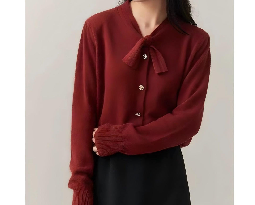 Damen elegante Strickjacke mit Schleifenakzent und hochwertigen Knöpfen Drune