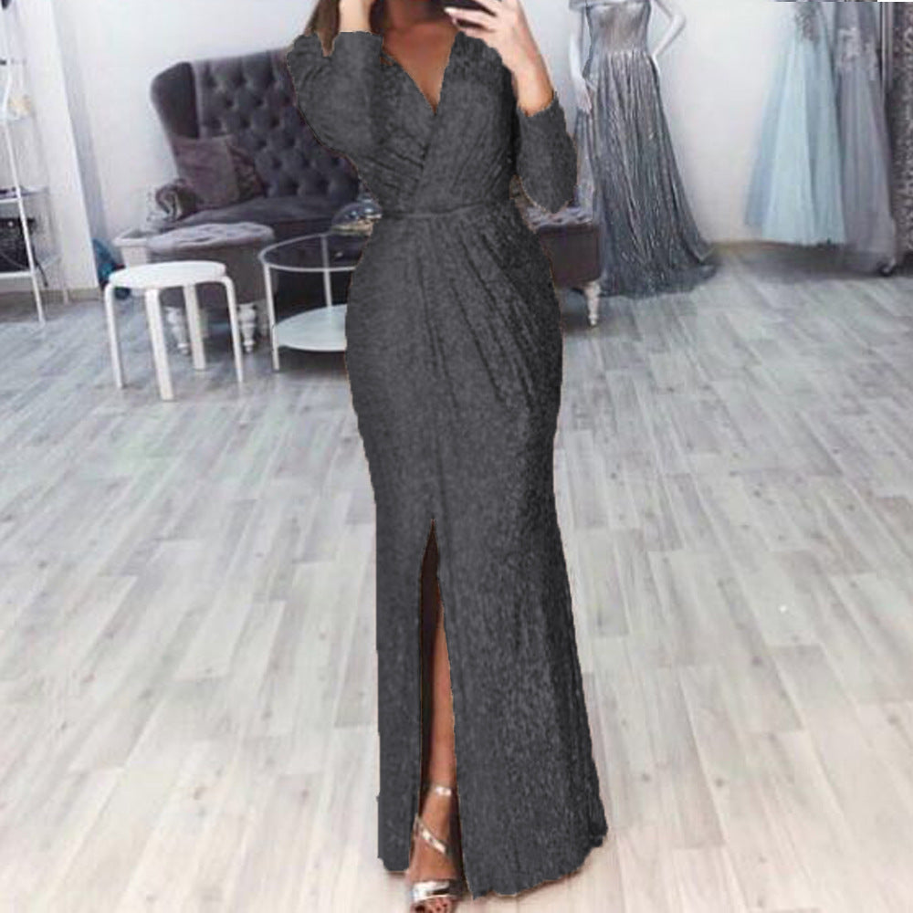 Damen Abendkleid mit Wickelfront, langem Beinschlitz und taillierter Meerjungfrauen‑Silhouette Drune