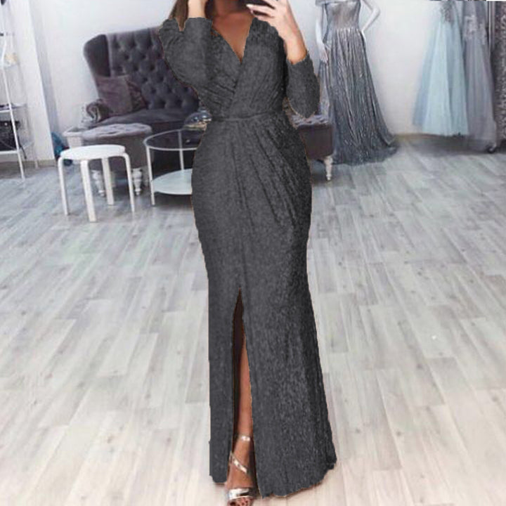 Damen Abendkleid mit Wickelfront, langem Beinschlitz und taillierter Meerjungfrauen‑Silhouette Drune