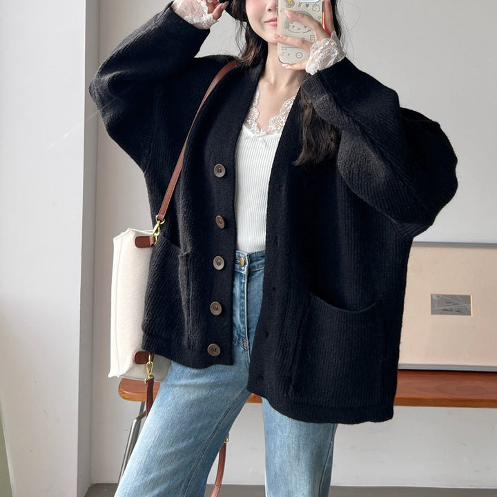 Damen Kuschelige Strickjacke mit großen Taschen und Knopfdetails Drune