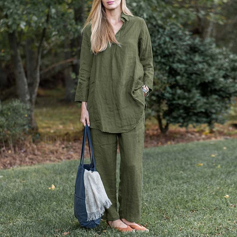 Damen Leinen-Loungewear-Set mit weitem Tunika-Hemd und lockerer Palazzo-Hose Drune
