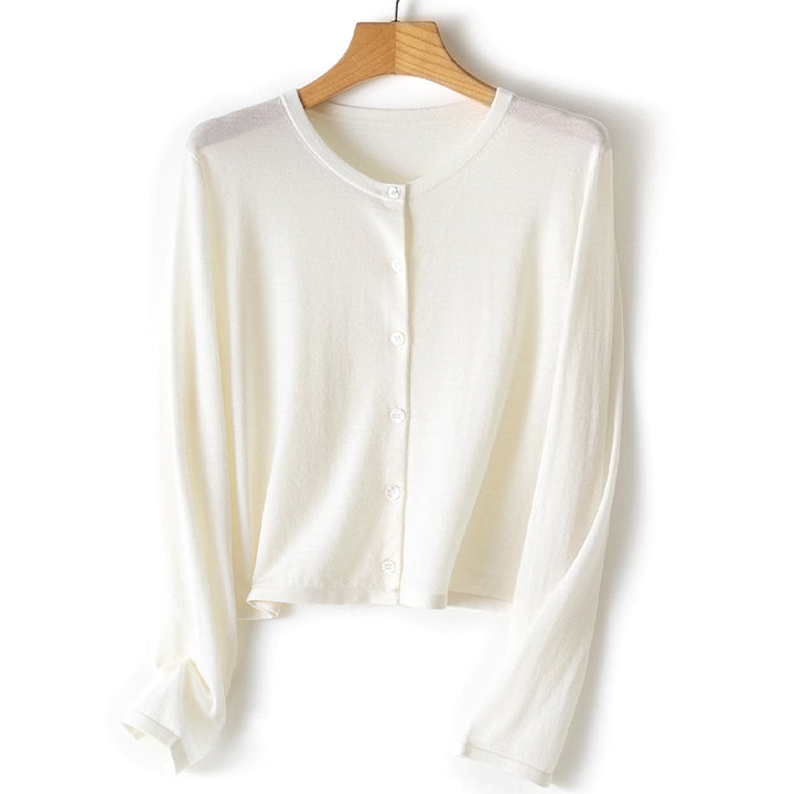 Damen leichte kurz geschnittene Feinstrick-Cardigan mit Rundhalsausschnitt und Knopfleiste Drune