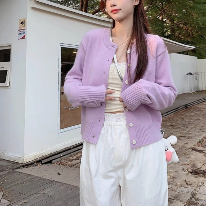 Damen elegante kurzärmelige Strickjacke mit Knopfdetails und feiner Webart Drune