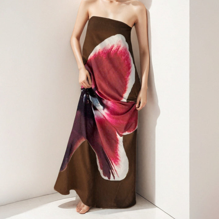 Damen Maxikleid mit schulterfreiem Design und floralen Akzenten Drune