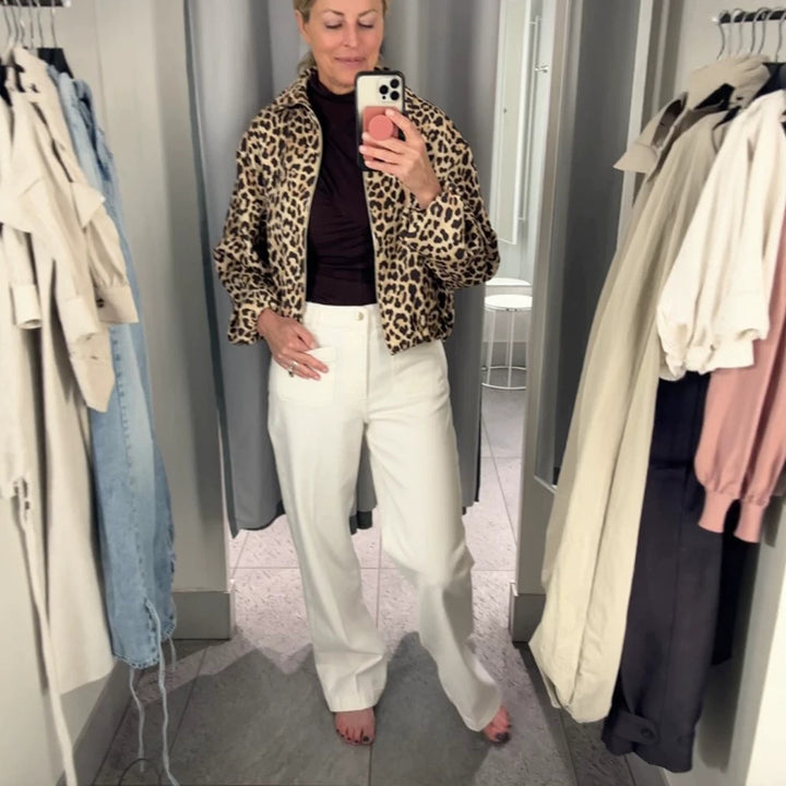 Damen gefütterte Oversize Bomberjacke mit Leopardenmuster und Stehkragen Drune