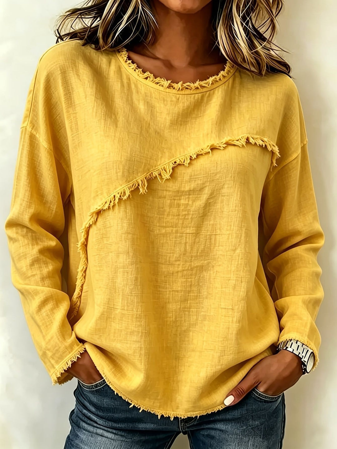 Damen Legeres Longsleeve mit diagonaler Fransenapplikation und ausgefranstem Rundhals Drune