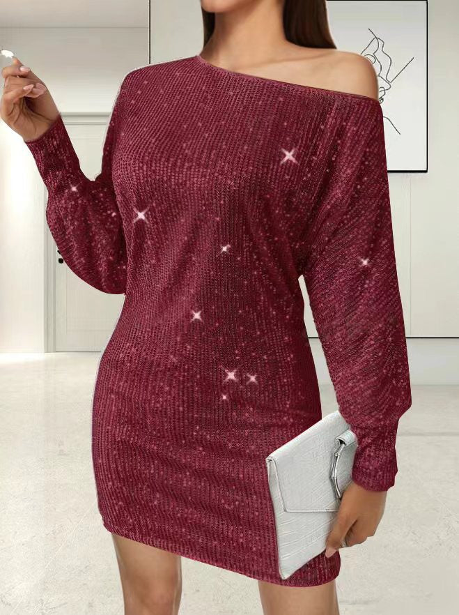 Damen Glamouröses Minikleid mit asymmetrischem Schulterdesign und Funkeleffekten Drune