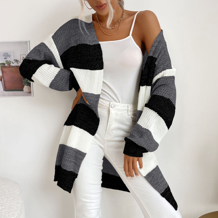 Damen Langer Oversize-Strickcardigan mit Blockstreifen und offener Front Drune